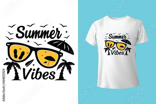 Colorful summer t-shirts on display at a vibrant store during sunny days.