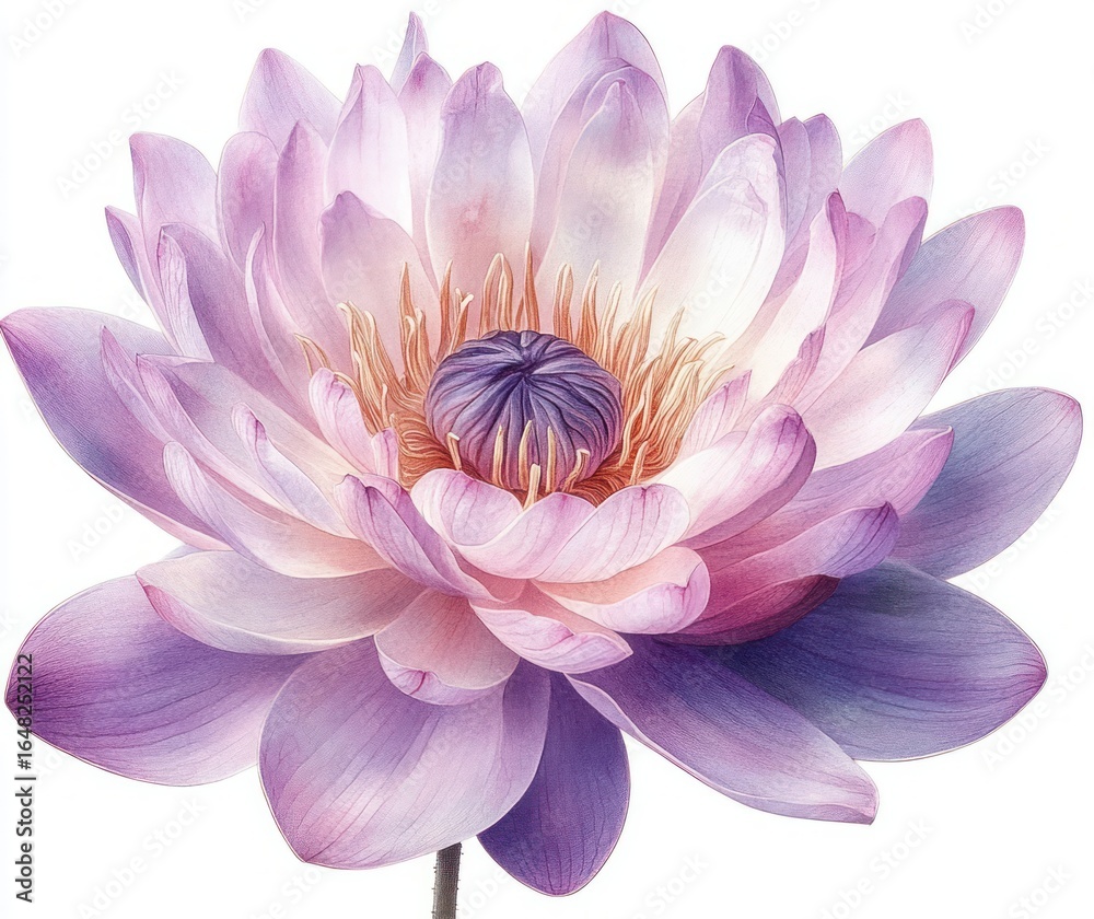 Obraz premium Close-up of a blooming purple and pink lotus flower with detailed delicate petals and intricate center