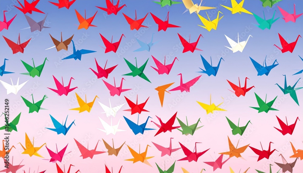 Fototapeta premium Colorful Origami Cranes Soar in the Sky Japanese pattern