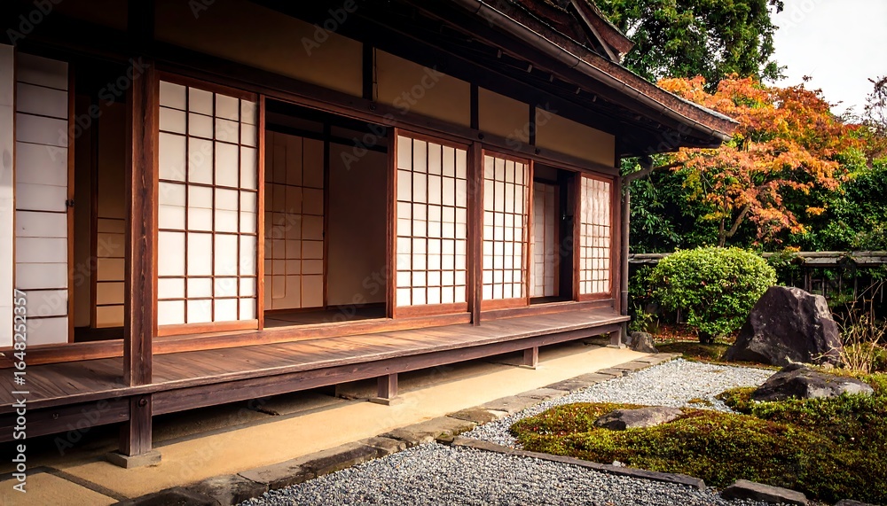 Obraz premium Traditional Japanese house with open shoji screens and a zen garden