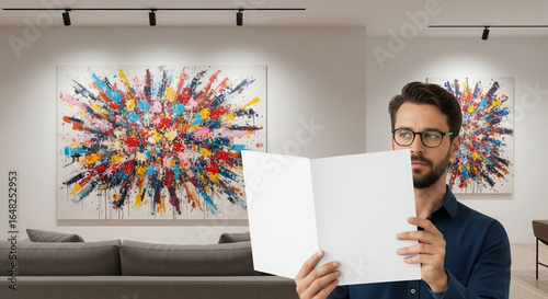 Man Holding Blank Brochure in Modern Art Gallery Interior