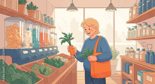 Happy Customer Choosing Fresh Vegetables and Groceries at the Eco-Friendly Store