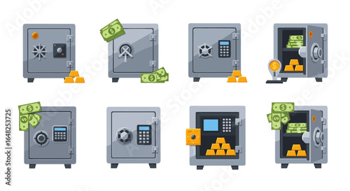 Collection of various types of security safes filled with gold bars and currency notes showcasing financial security and wealth management concepts