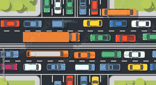 Heavy traffic congestion on a multilane highway with numerous cars and trucks causing delays