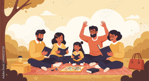 Happy Family Bonding Moment Outdoors Adults and Children Enjoying Books and Games on a Leisurely Picnic Day
