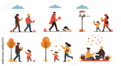 Families enjoying autumn activities together outdoors experiencing changing weather conditions and seasonal beauty