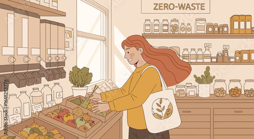 Woman shopping at a zero-waste grocery store, selecting fresh produce in a reusable bag