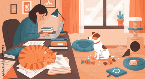 A woman works on her laptop at a desk while her cat sleeps on papers and her dog sits nearby in a cozy home office.