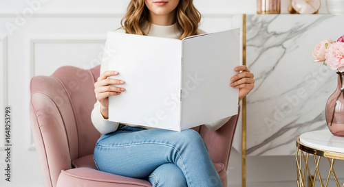 Woman Holding Blank Magazine Mockup in Elegant Living Room