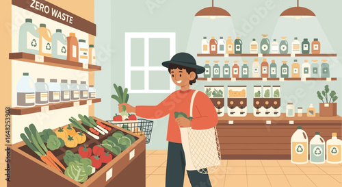 Young person shopping for organic produce in a zero-waste grocery store with reusable bags and eco-friendly products