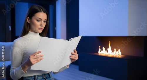 Focused Woman Reading Documents by Modern Fireplace