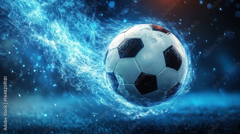 Naklejka premium A soccer ball surrounded by a glowing blue energy trail flying over a textured field with motion blur and dynamic lighting effects
