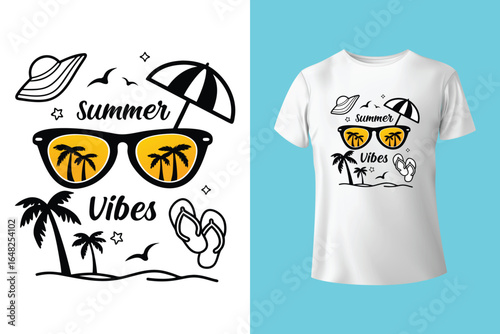 Colorful summer t-shirts on display at a vibrant store during sunny days.