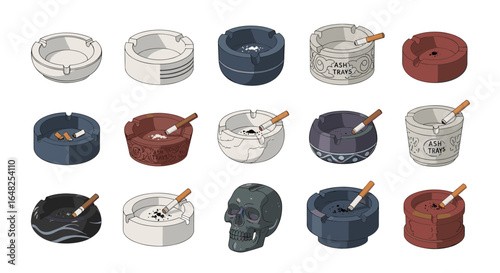 A collection of various ashtray designs including ceramic glass and novelty skull styles