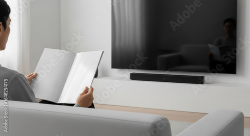 Modern Home Leisure: Man Reading Magazine on Sofa