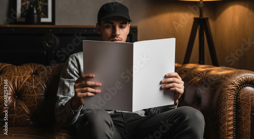 Young Man Reading Blank Magazine Mockup on Leather Sofa