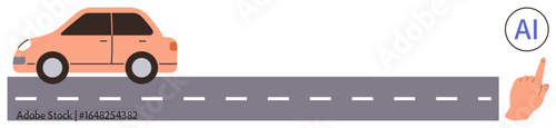 Car driving on roadway, hand pointing at AI function. Ideal for transportation, technology, future, innovation, automation, smart systems artificial intelligence. Modern and simple flat metaphor