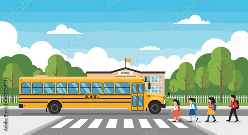 Children safely crossing the street in front of a school bus