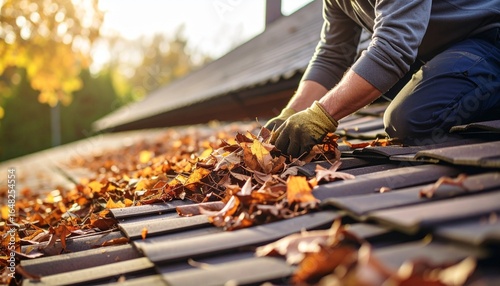 Homeowner person cleaning autumn leaves off a roof, a task for seasonal home maintenance and preparation for winter