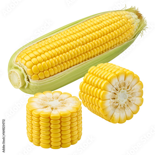 Fresh whole corn on the cob and halved cob with bright yellow kernels, isolated on white or transparent background