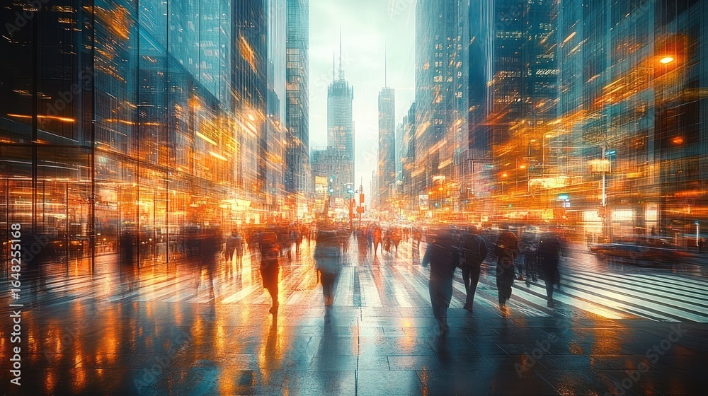 blurred city street scene at dusk with glowing lights reflecting on wet pavement and people walking among tall skyscrapers