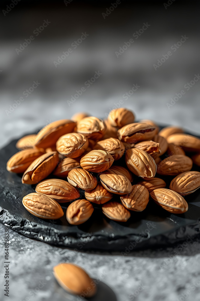 Naklejka premium Pile of Whole Almonds on Black Slate Board — Organic Healthy Eating Macro Image