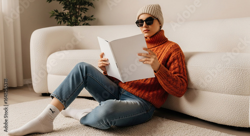 Cozy Home Reading: Stylish Woman with Book & Sunglasses