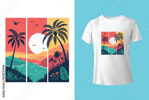 Colorful summer t-shirts on display at a vibrant store during sunny days.