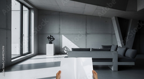 Modern Minimalist Concrete Interior with Hands Holding Blank Book