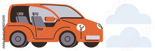Orange compact car driving, surrounded by clouds, representing transportation, eco-friendly travel, freedom, innovation, urban commuting, sustainability and modern efficiency. A simple flat metaphor