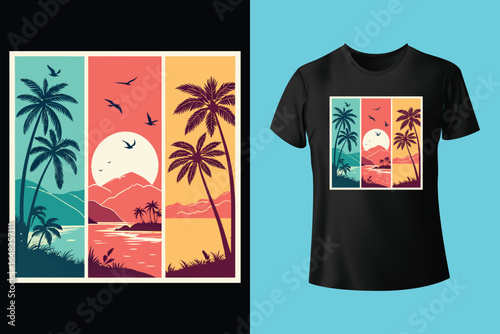 Colorful summer t-shirts on display at a vibrant store during sunny days.