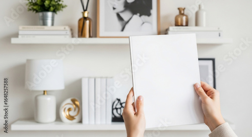 Blank Paper Mockup Held by Hands in Modern Home Interior