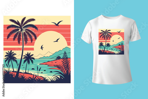 Colorful summer t-shirts on display at a vibrant store during sunny days.