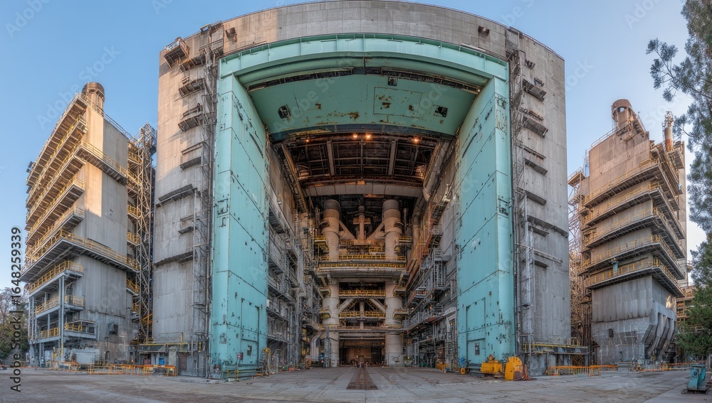Wide shot of a large, industrial facility with open doors Wide shot of a large, industrial facility with open doors
