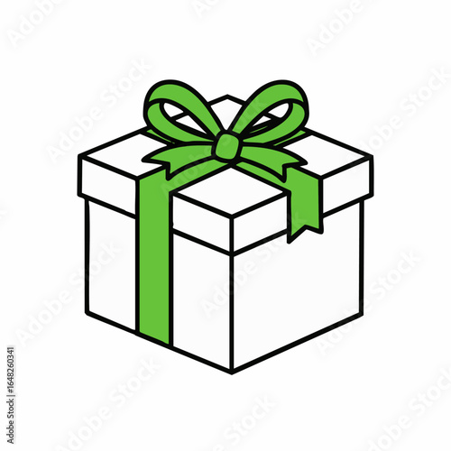 Clean vector illustration of a white gift box with a bright green ribbon, perfect for celebrations