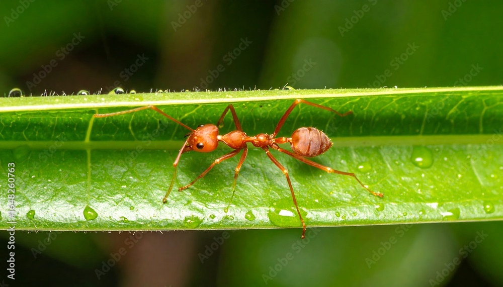 Fototapeta premium Red ant on a green leaf