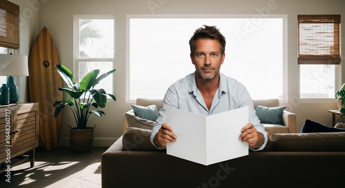 Man Holding Blank Brochure in Bright Modern Home Interior