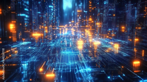 Futuristic digital cityscape with glowing blue and orange grid-like structures creating a high-tech and dynamic atmosphere