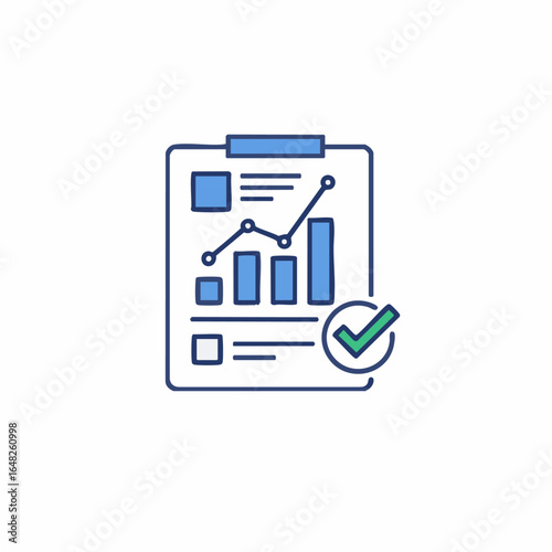 Successful business report icon with data analytics chart and approval checkmark