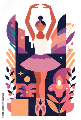 A graceful ballerina in a tutu and pointe shoes poses elegantly against an abstract backdrop of floral and geometric shapes in purple, pink, and peach tones.