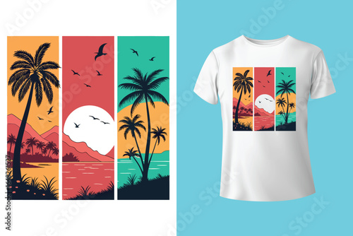 Colorful summer t-shirts on display at a vibrant store during sunny days.