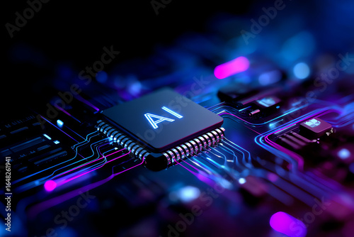 Close-up of a microchip labeled AI on a glowing motherboard with neon blue and purple circuit lines.