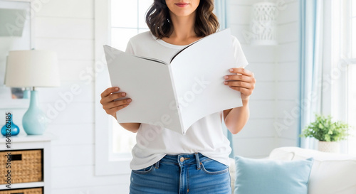 Woman Holding Blank White Book Mockup in Bright Home Setting