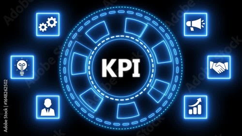 Animated kpi key performance indicator icon set surrounded by neon blue elements