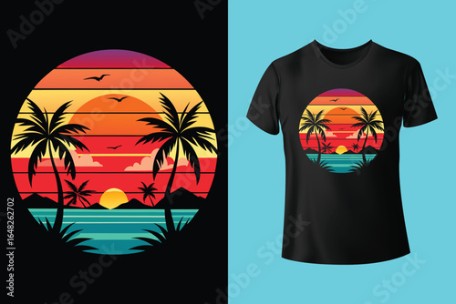Colorful summer t-shirts on display at a vibrant store during sunny days.