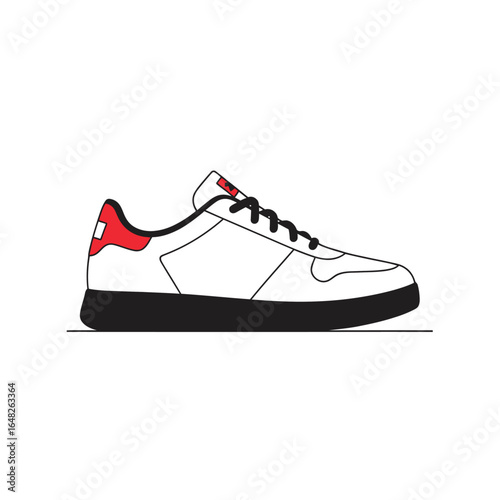 A side profile vector illustration of a white casual sneaker with a black sole, black laces, and red accents.