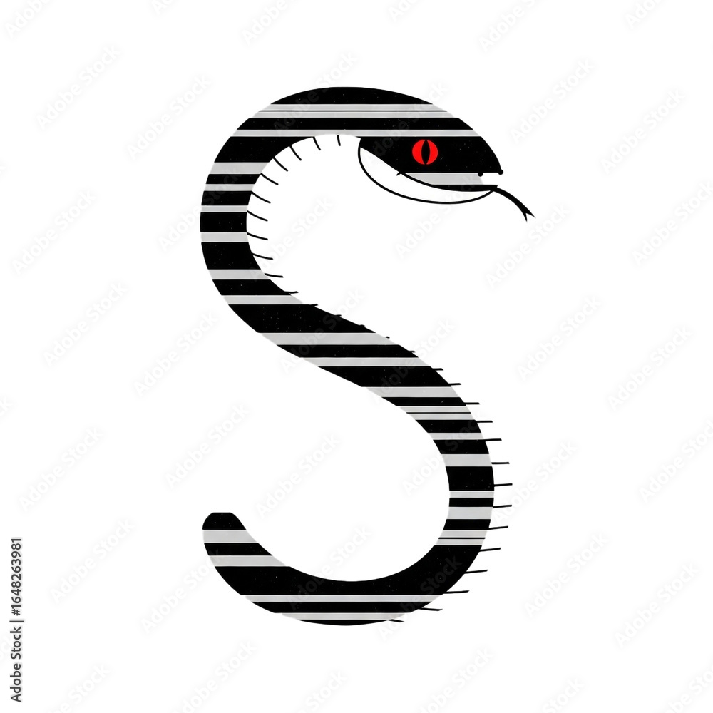 Naklejka premium A stylized serpent coiled in a striking S shape with a piercing red eye and textured scales against a dark space.