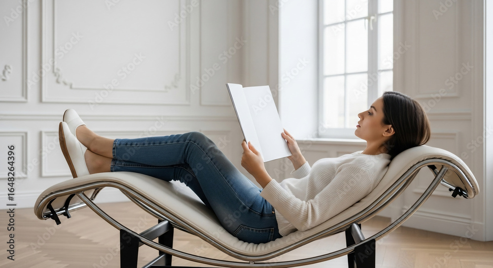 Obraz premium Relaxed Woman Reading Book on Elegant Chaise Lounge