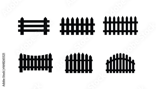 Fence icon set vector illustration, black silhouette of wooden fences for garden, property, backyard, farm, and outdoor home landscape design.