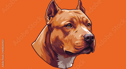 A striking, brown and white dog's head on an orange background